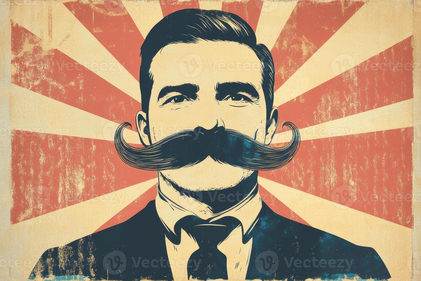 Retro banner ad showcasing a man with an oversized mustache promoting a quirky mustache-themed event in a festive setting photo