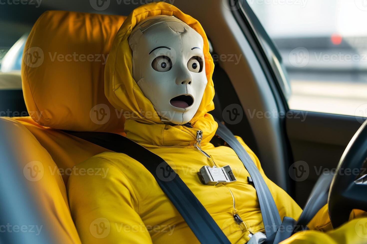 Scared crash test dummy seated in a car simulating safety scenarios in engineering testing environments photo