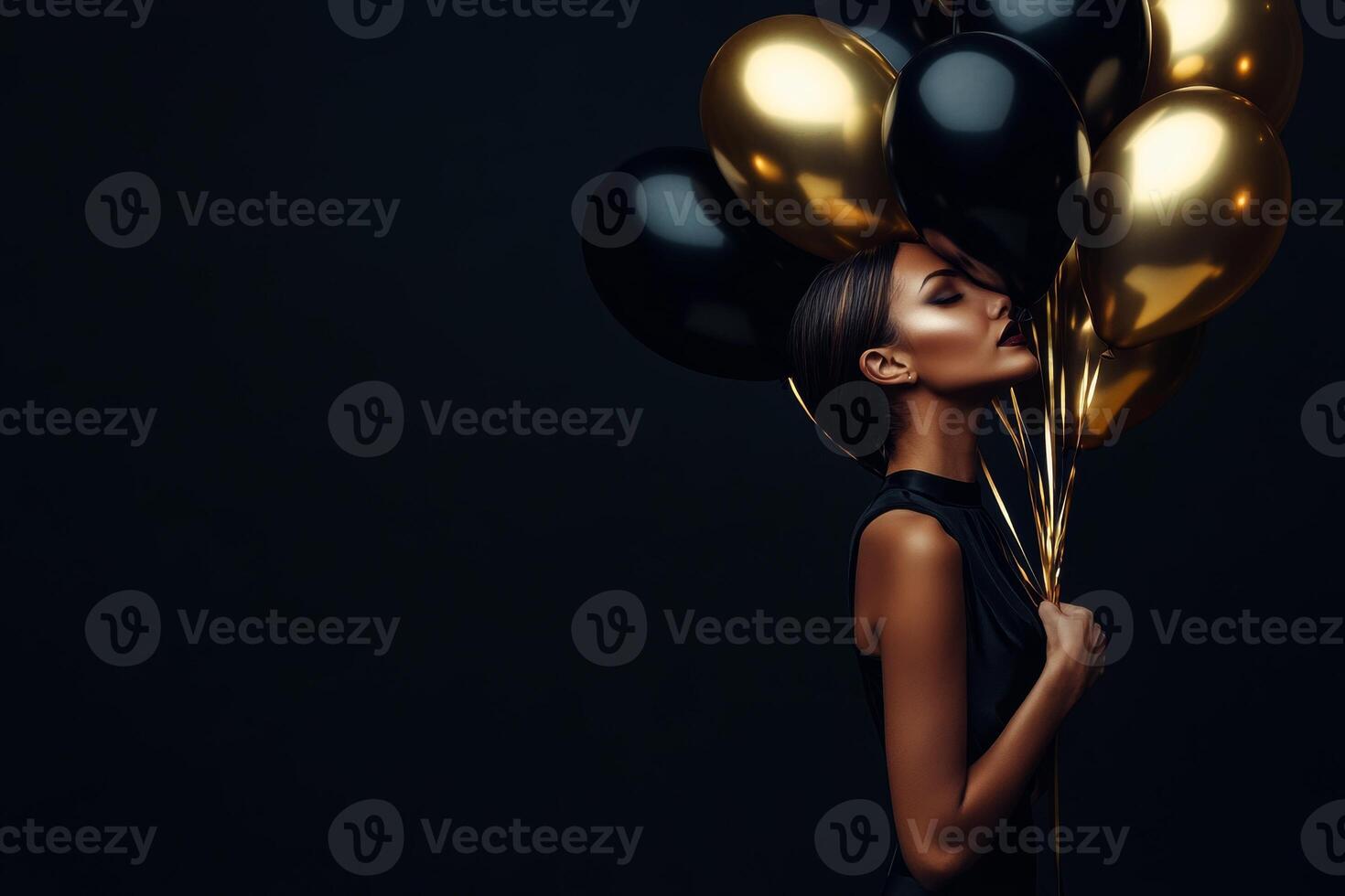 Stylish woman in black attire holding elegant black and gold balloons against a dark background for promotional event photo