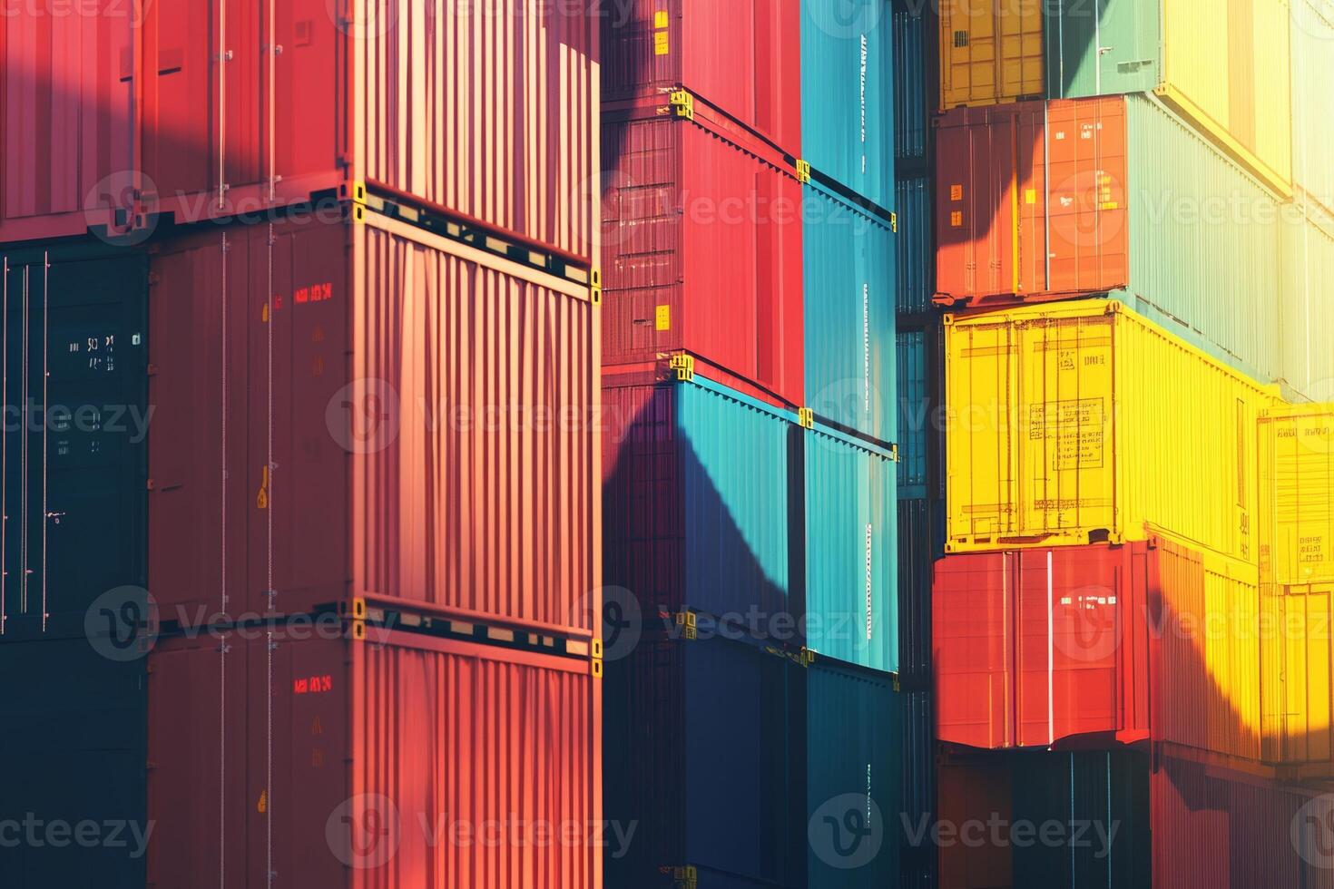 Vibrant colors of stacked shipping containers in a busy port highlight bustling activity during daylight hours photo