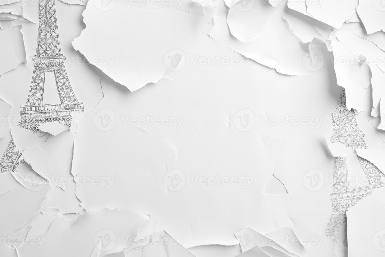 A torn white paper backdrop revealing sketches of the Eiffel Tower, creating an artistic and creative composition photo