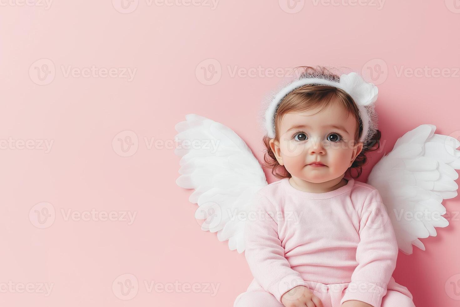 Adorable baby dressed as an angel with white wings sitting against a soft pink background for a Valentine's Day celebration photo