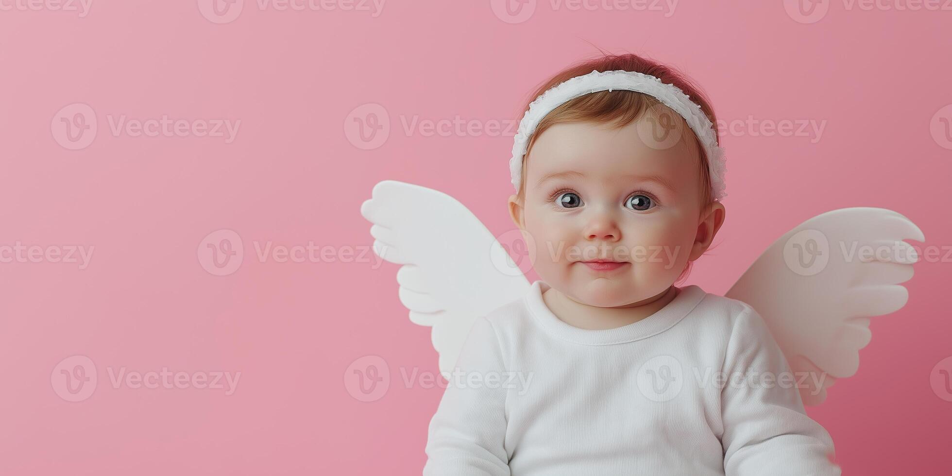 Adorable baby angel with white wings sitting against a pink background for a heartwarming Valentine's Day theme photo