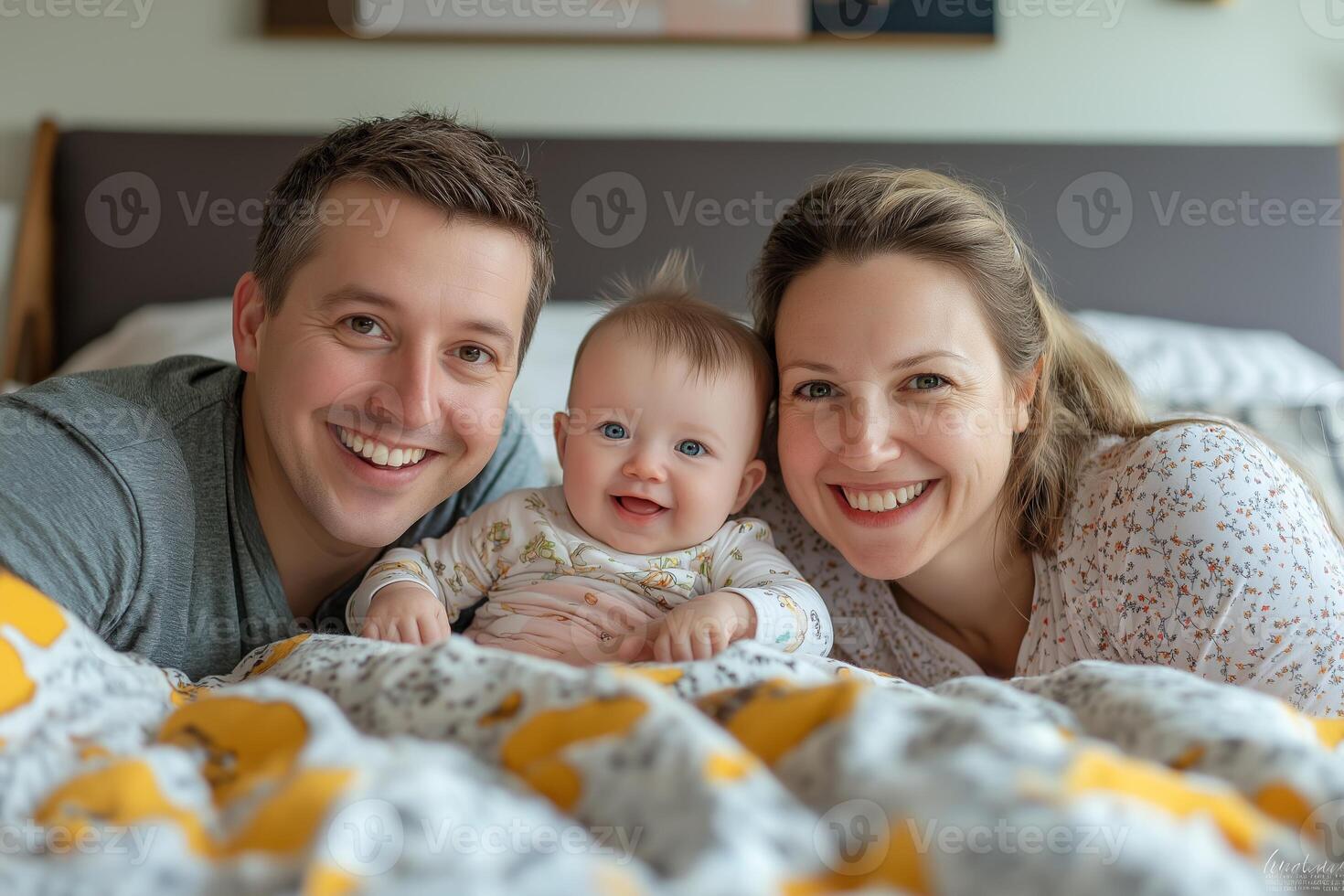 A joyful family enjoying a cozy moment together in bed with their baby, fostering love and warmth on a sunny morning photo