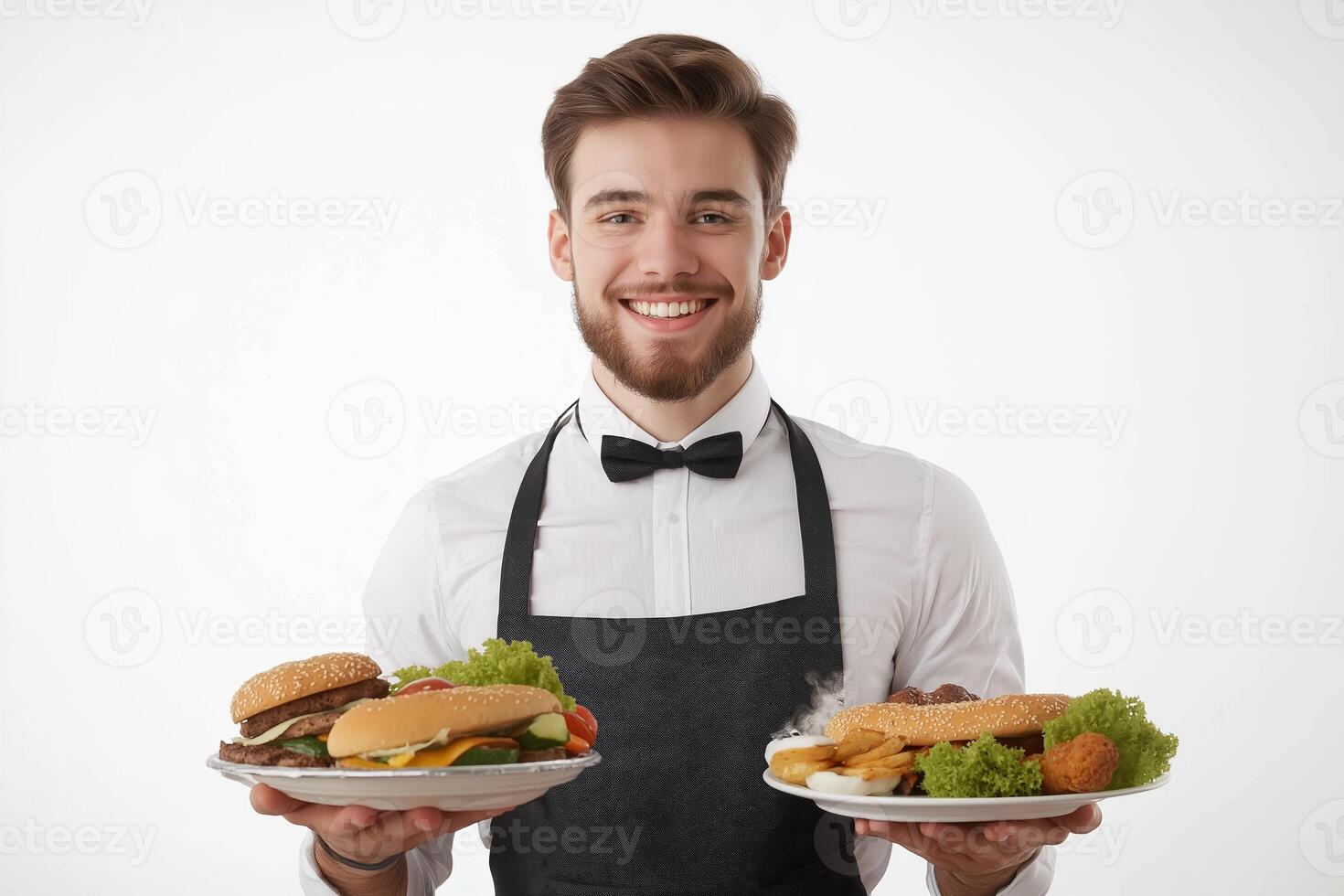 Friendly male food service worker holding two plates of delicious meals, ready to serve in a bright, welcoming atmosphere photo