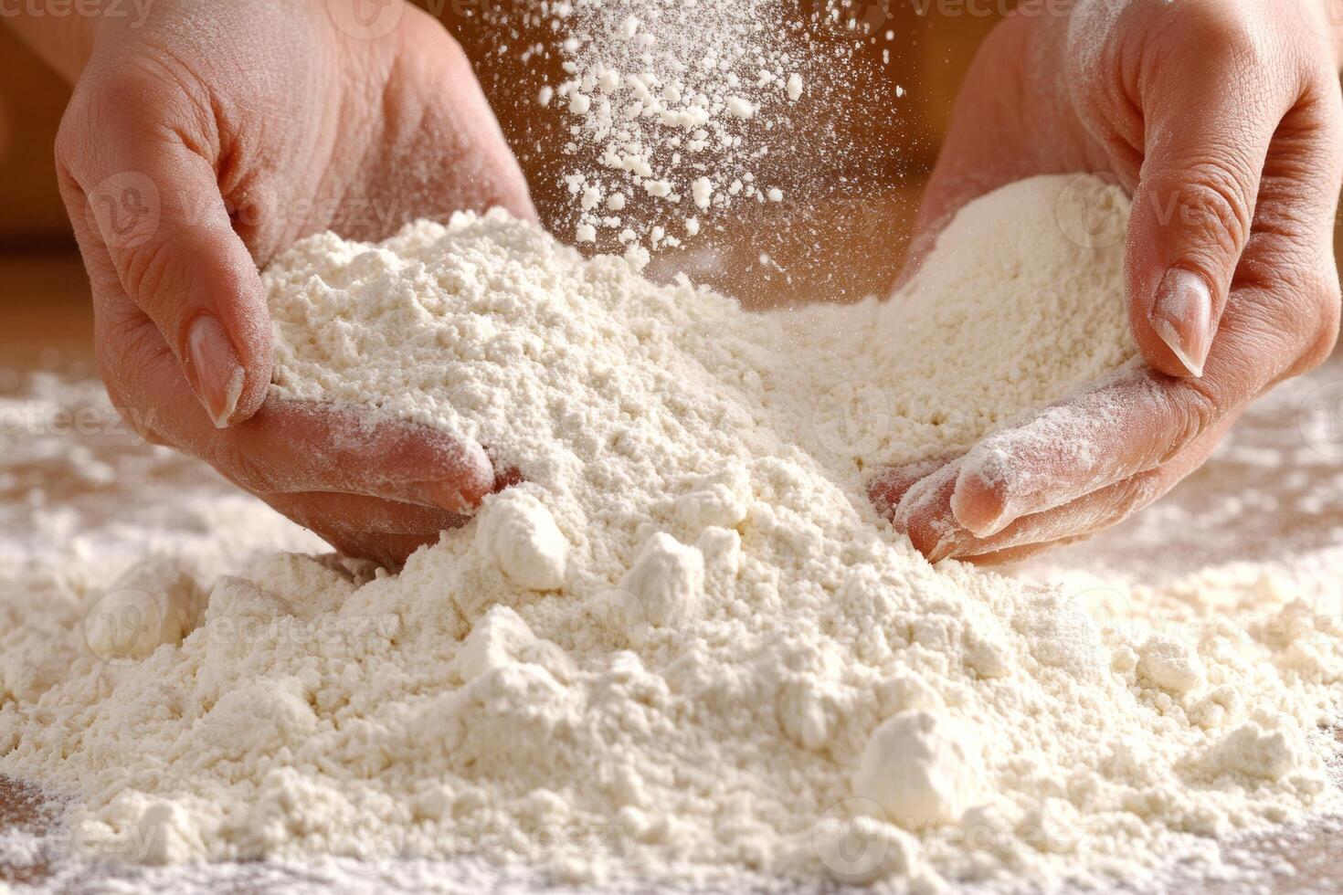 Anonymous woman preparing flour by sprinkling it on a mound before kneading in a cozy kitchen setting photo