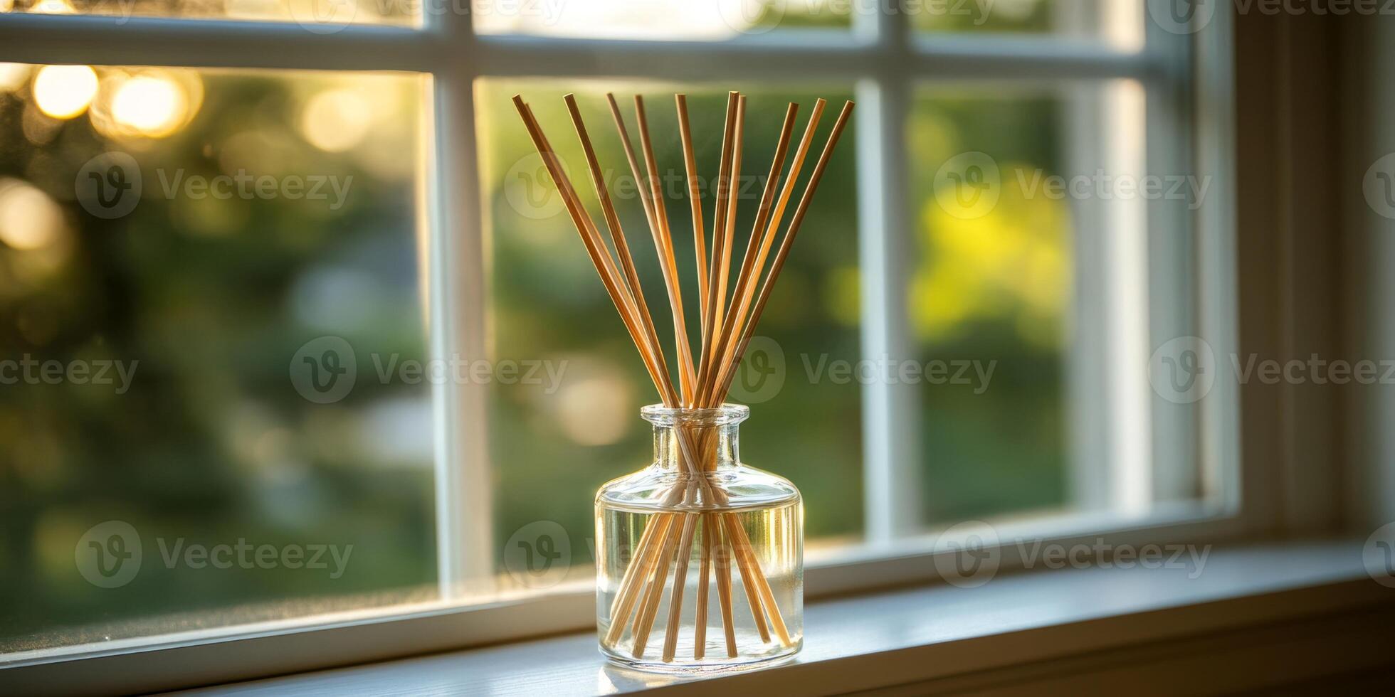 Aroma reed diffuser with rattan sticks sits on a sunlit window sill creating a relaxing ambiance in a minimalist home decor setting photo