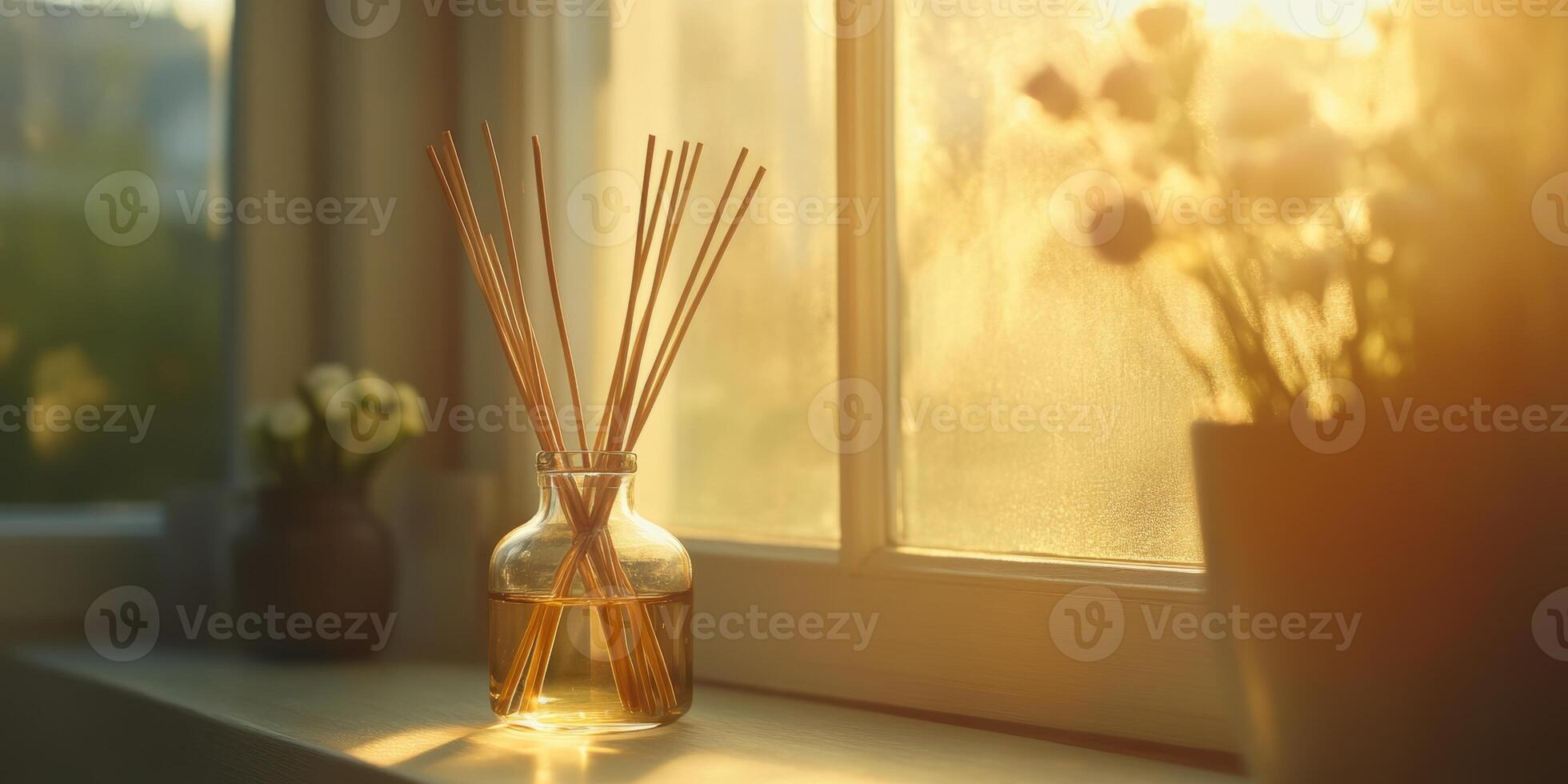Aroma reed diffuser with rattan sticks in a glass bottle on a sunlit window sill creating a relaxing atmosphere in a minimalist home photo