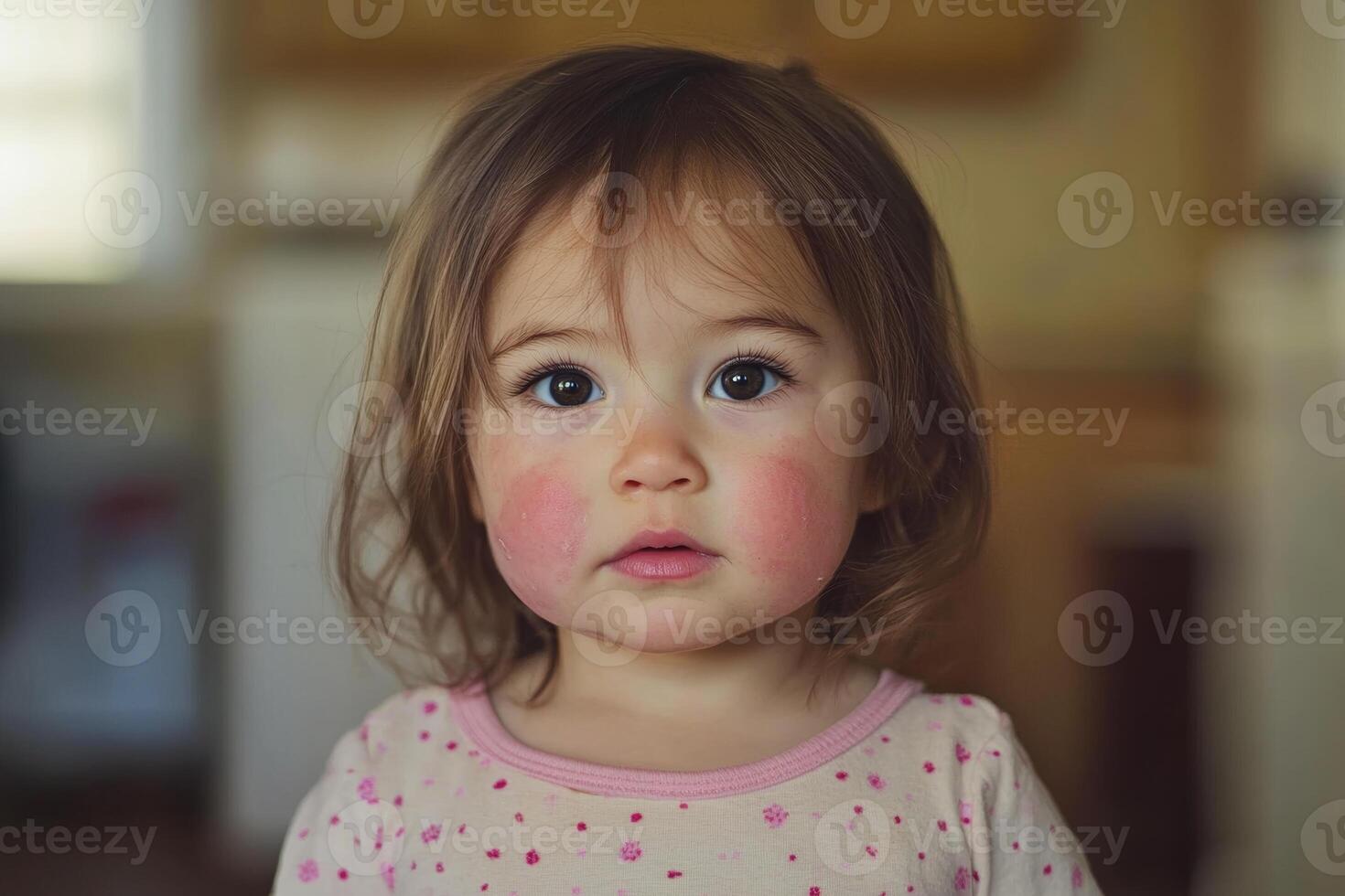 Two-year-old girl with red rash from allergic reaction to antibiotic, indoors at home, natural light illuminating her face photo
