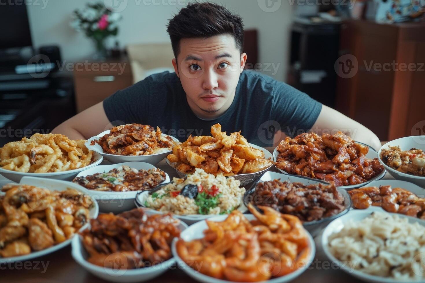 Mukbang blogger enjoys a feast of various Asian dishes in cozy indoor setting during a lively dining experience photo
