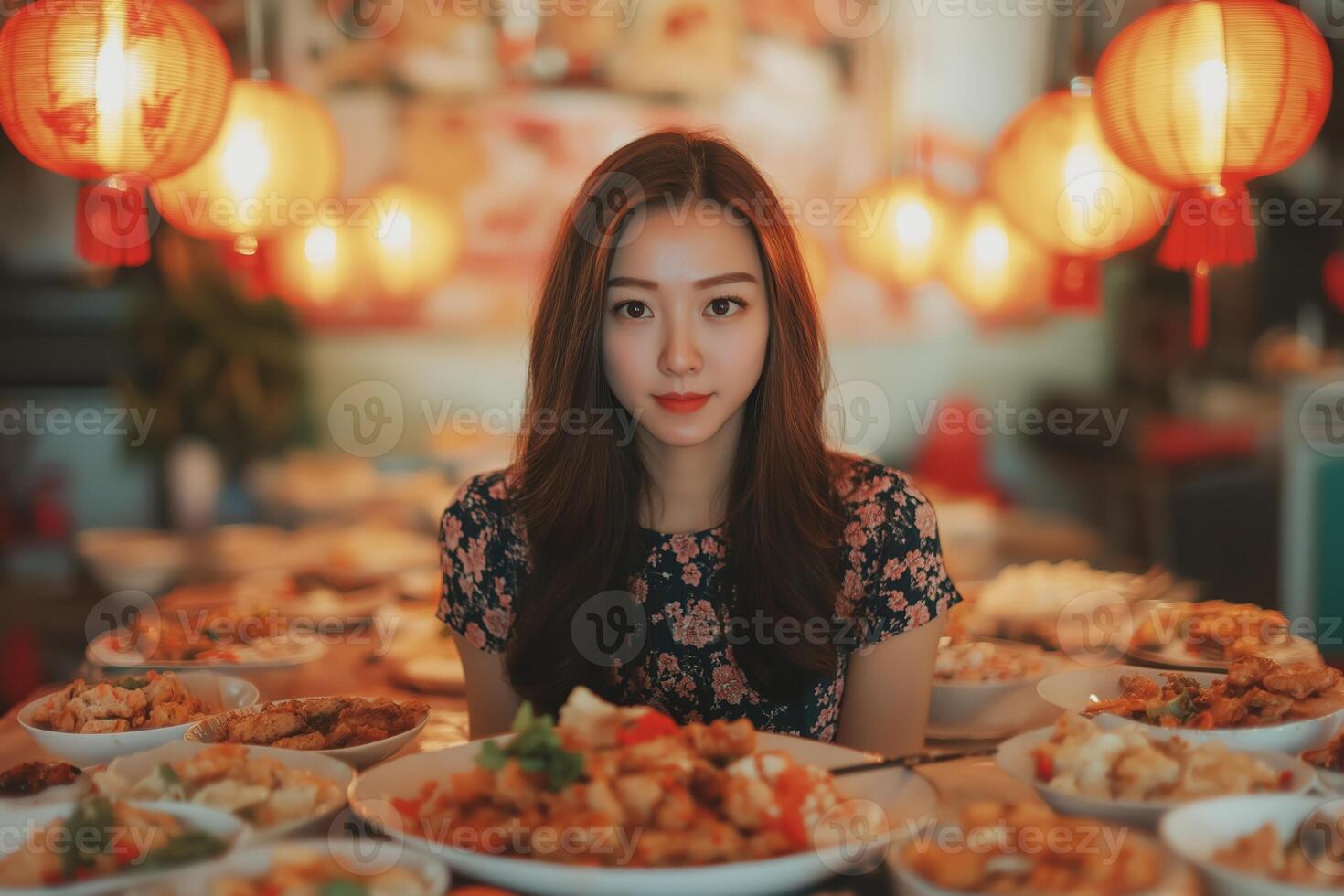 Mukbang blogger enjoying a feast at a vibrant restaurant surrounded by numerous dishes during dinner time photo