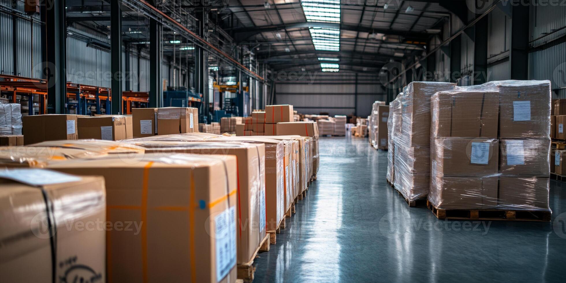 Packing goods for customer delivery inside a large warehouse during daylight hours with organized pallets and boxes photo