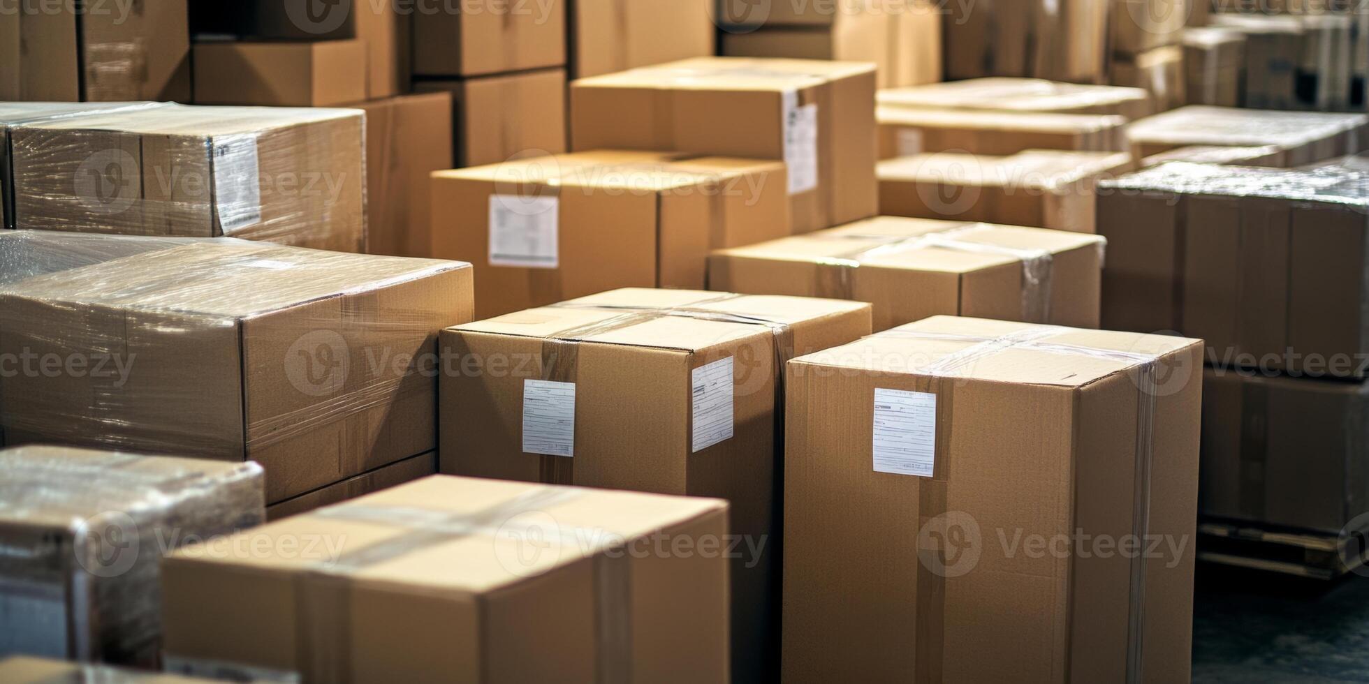Packing goods for delivery at a warehouse during the day with numerous cardboard boxes stacked for shipment photo