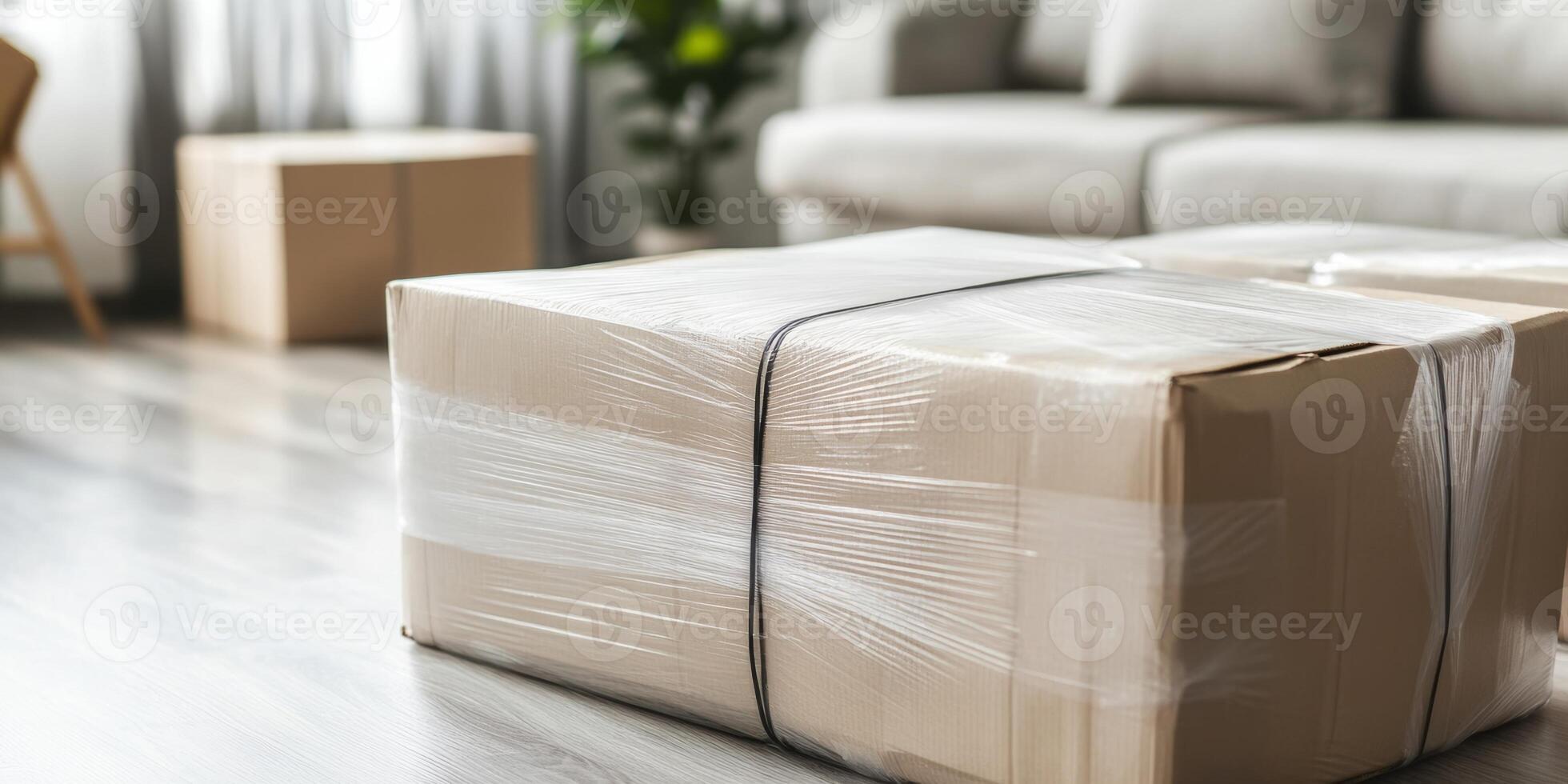 Packing and preparing boxes for customer delivery in a bright living room space photo