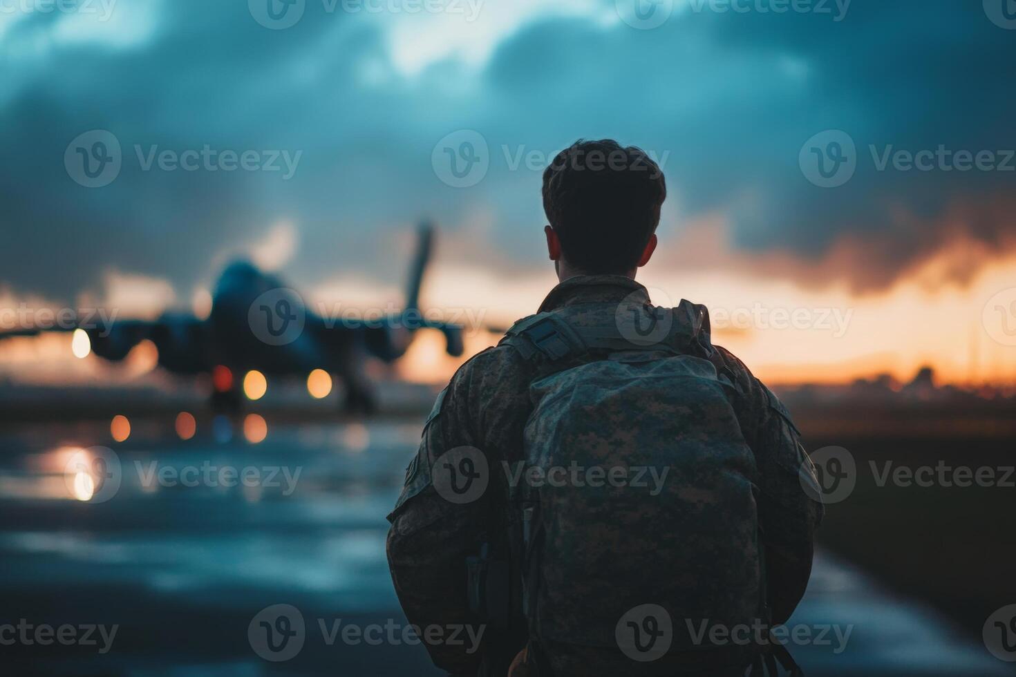 Soldier returns home from deployment at sunset, symbolizing hope and patriotism on the tarmac near an aircraft photo