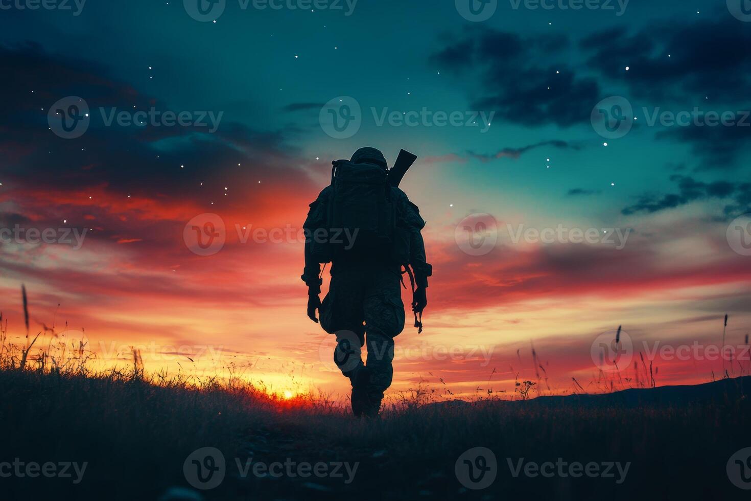 A patriotic soldier returns home at sunset after fulfilling duty in the military, symbolizing hope and bravery in the evening sky photo