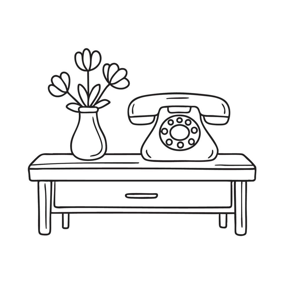 A telephone resting on a side table beside a flower vase vector