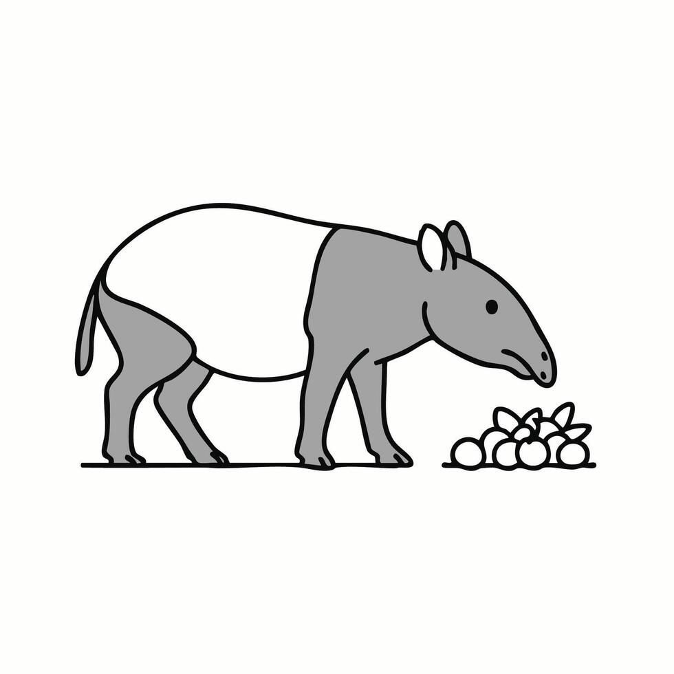 A tapir sniffing the ground near a pile of fruit vector