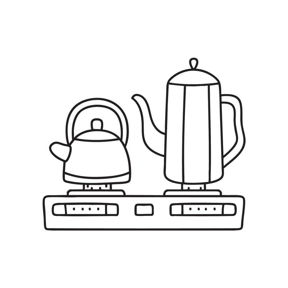 A teapot resting on a stove beside a kettle vector