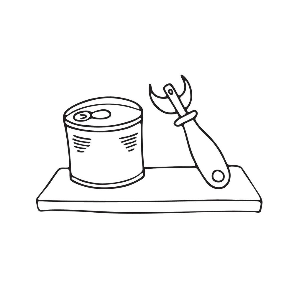 A tin can beside a can opener on a kitchen shelf vector