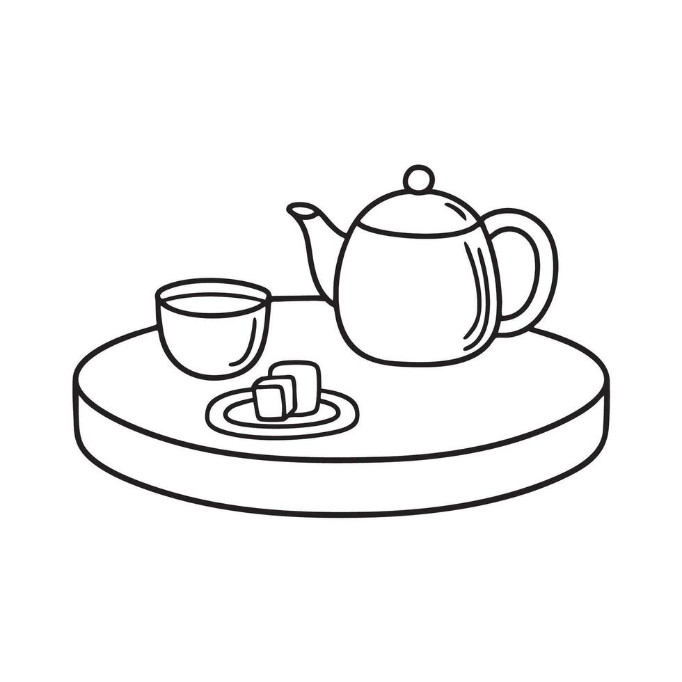 A tea pot and cups beside sugar cubes plate on a small round table vector
