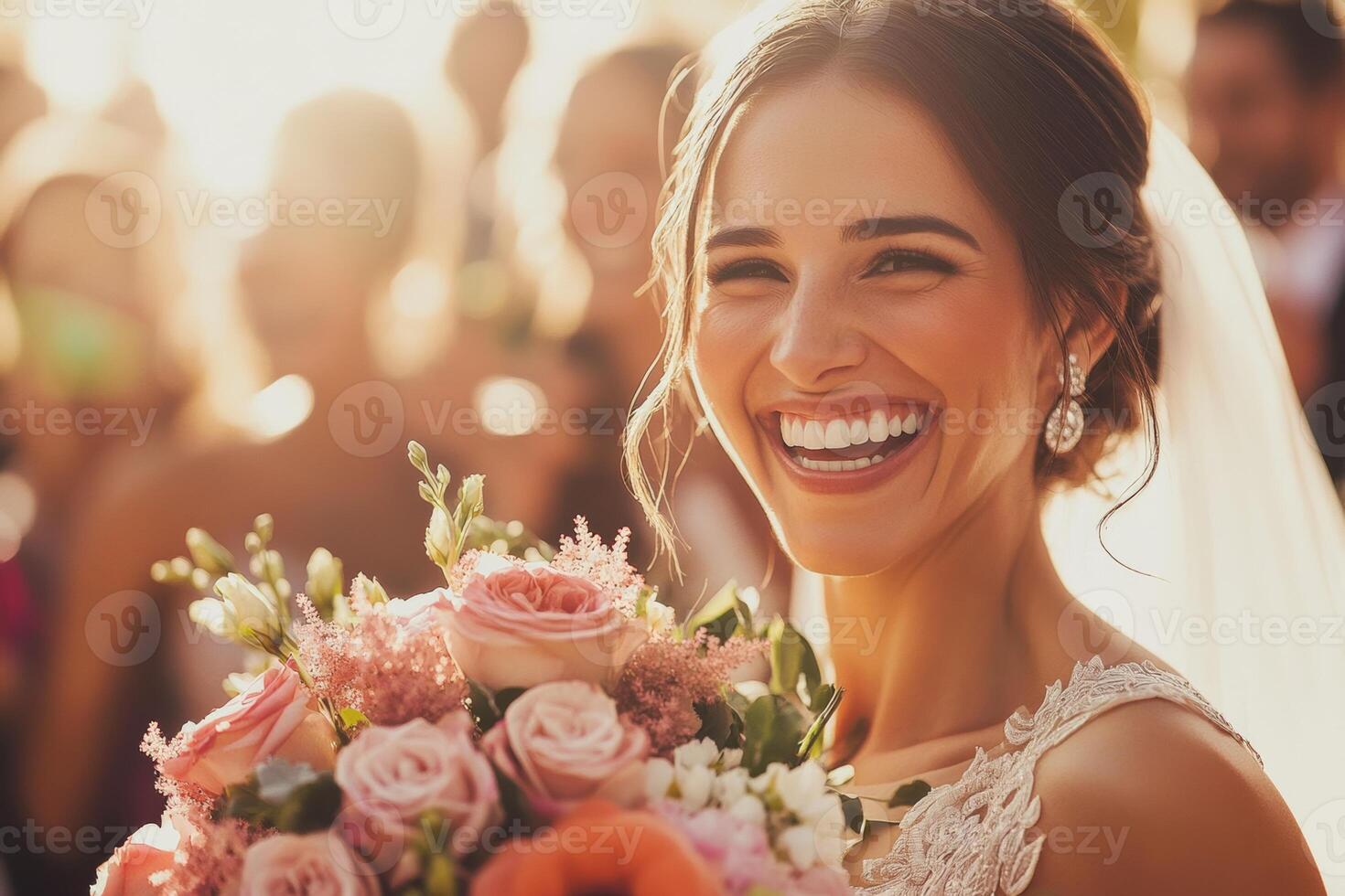 A joyous bride smiles radiantly while holding her stunning bouquet during a vibrant wedding celebration in the golden sunlight photo