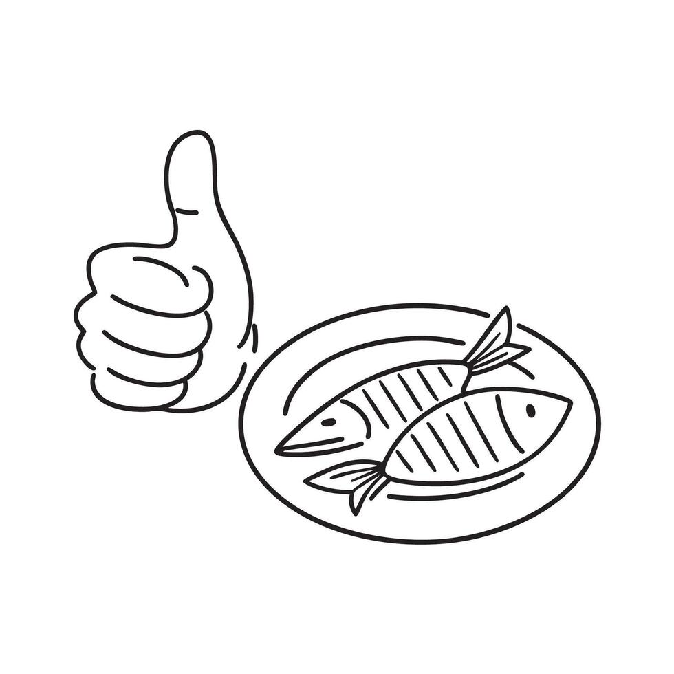 A thumb symbol beside a plate of grilled fish at a food stall vector