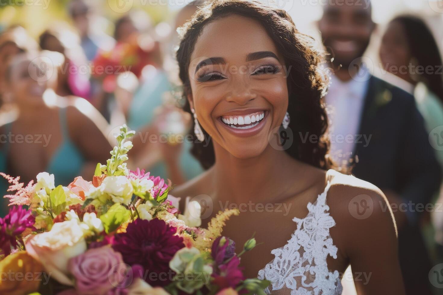 Joyful bride celebrates her wedding day surrounded by friends, capturing a moment of happiness with a beautiful bouquet photo