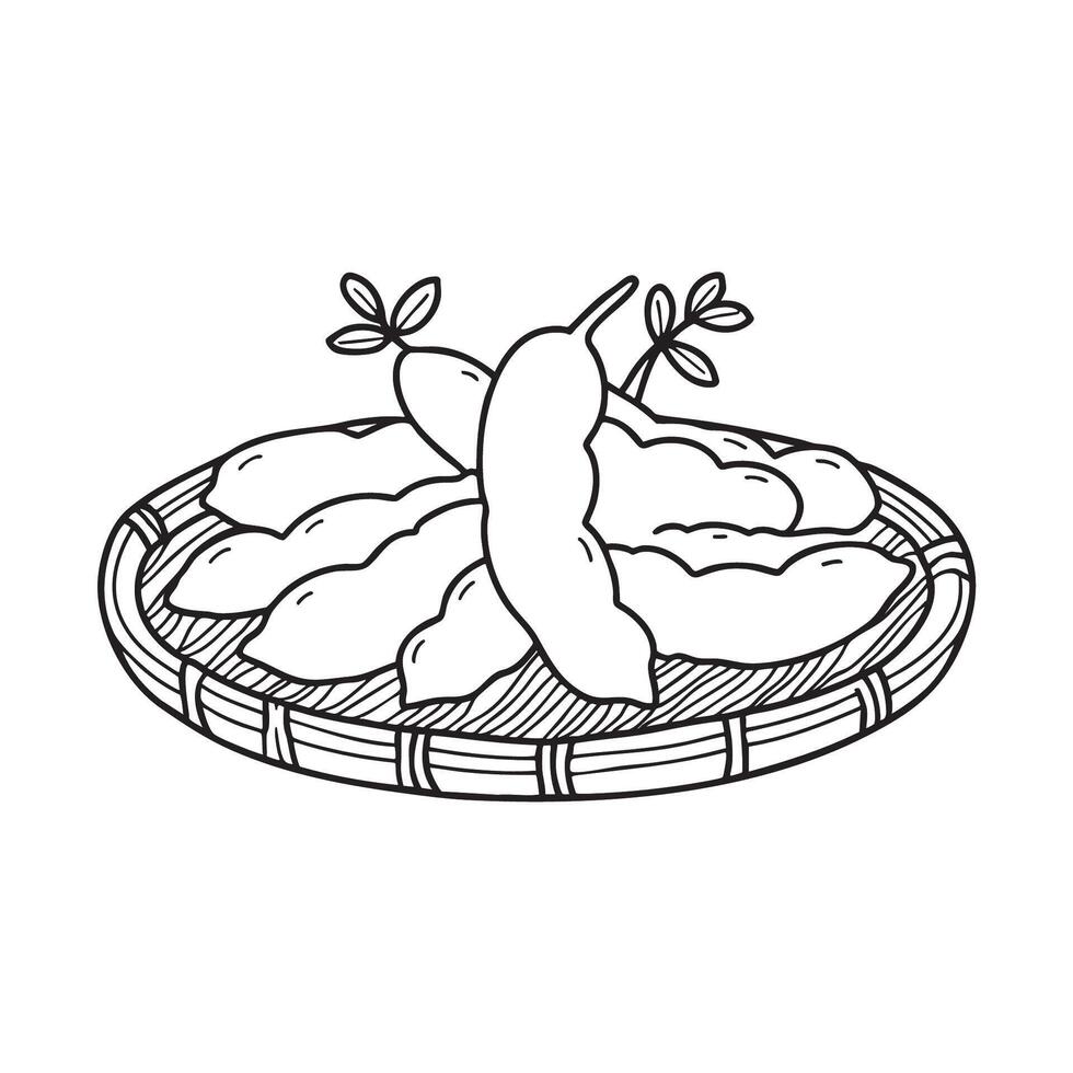 tamarinds resting on a woven tray in a kitchen vector