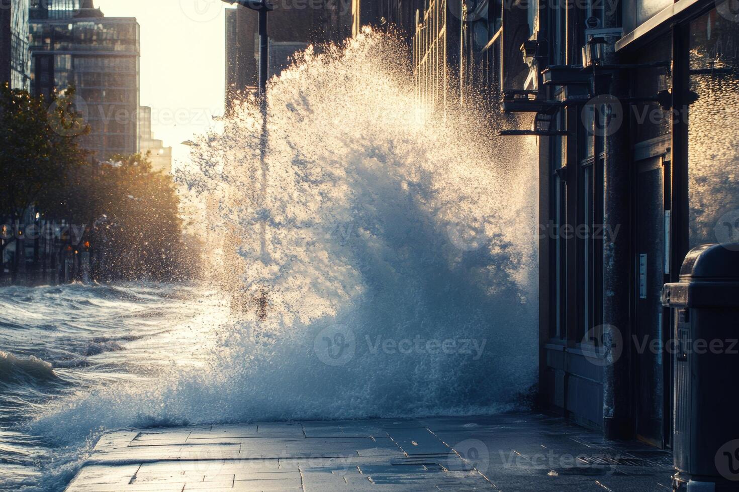 Ocean wave crashes onto urban sidewalk in city, demonstrating nature's power against infrastructure during storm photo
