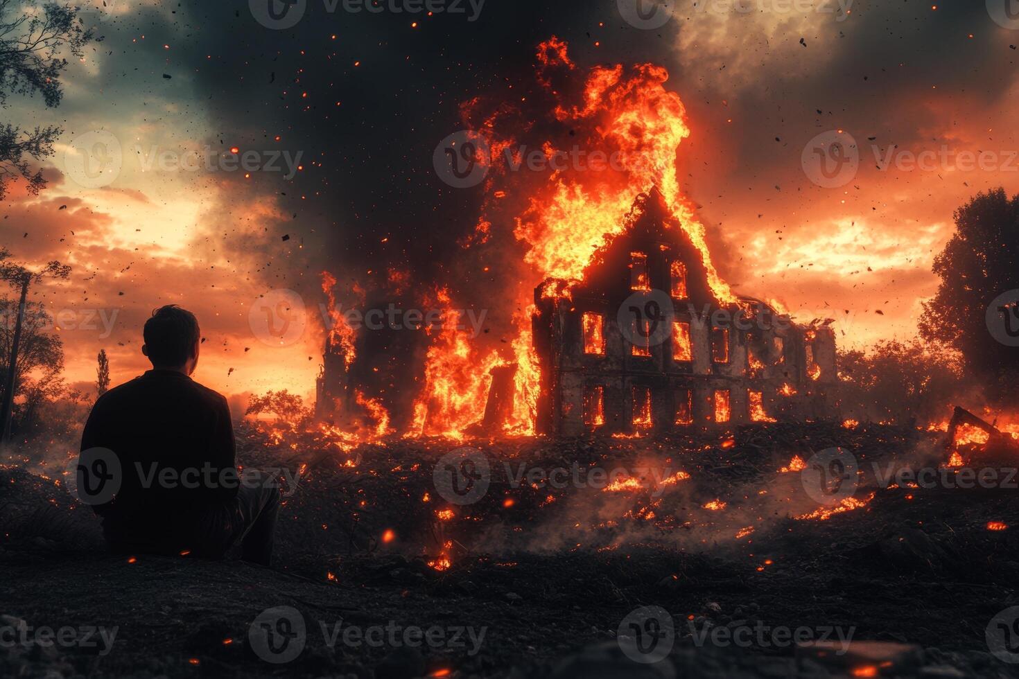 A person watching their home engulfed in flames during a devastating fire at sunset, showcasing loss and despair photo