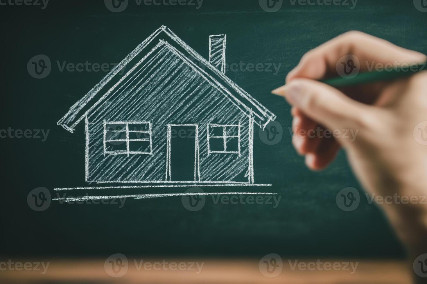 Man drawing a house on a chalkboard, illustrating family and home ownership in a creative learning environment photo