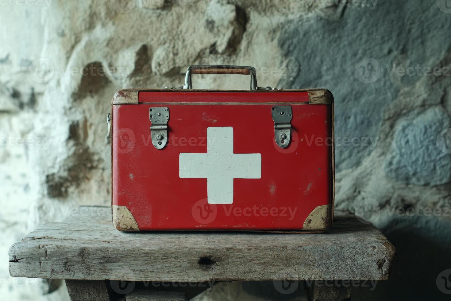 Red first aid kit with a white cross sits on a rustic wooden table against a stone wall, ready for emergency situations photo
