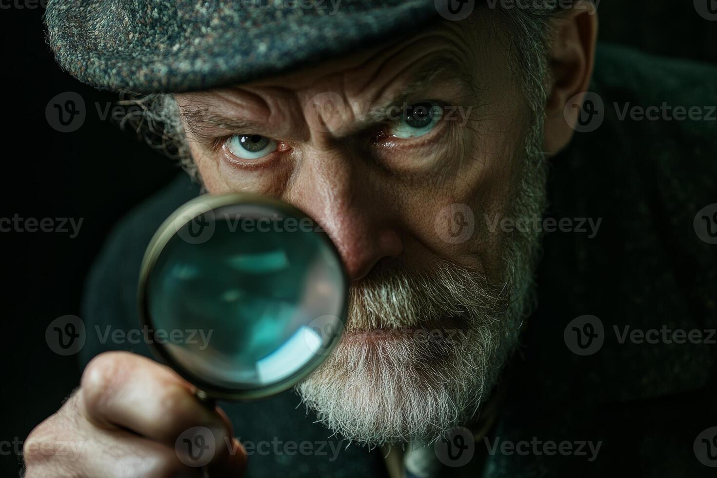 A man examines an object closely with a magnifying glass in a dimly lit room, evoking a sense of mystery and curiosity photo