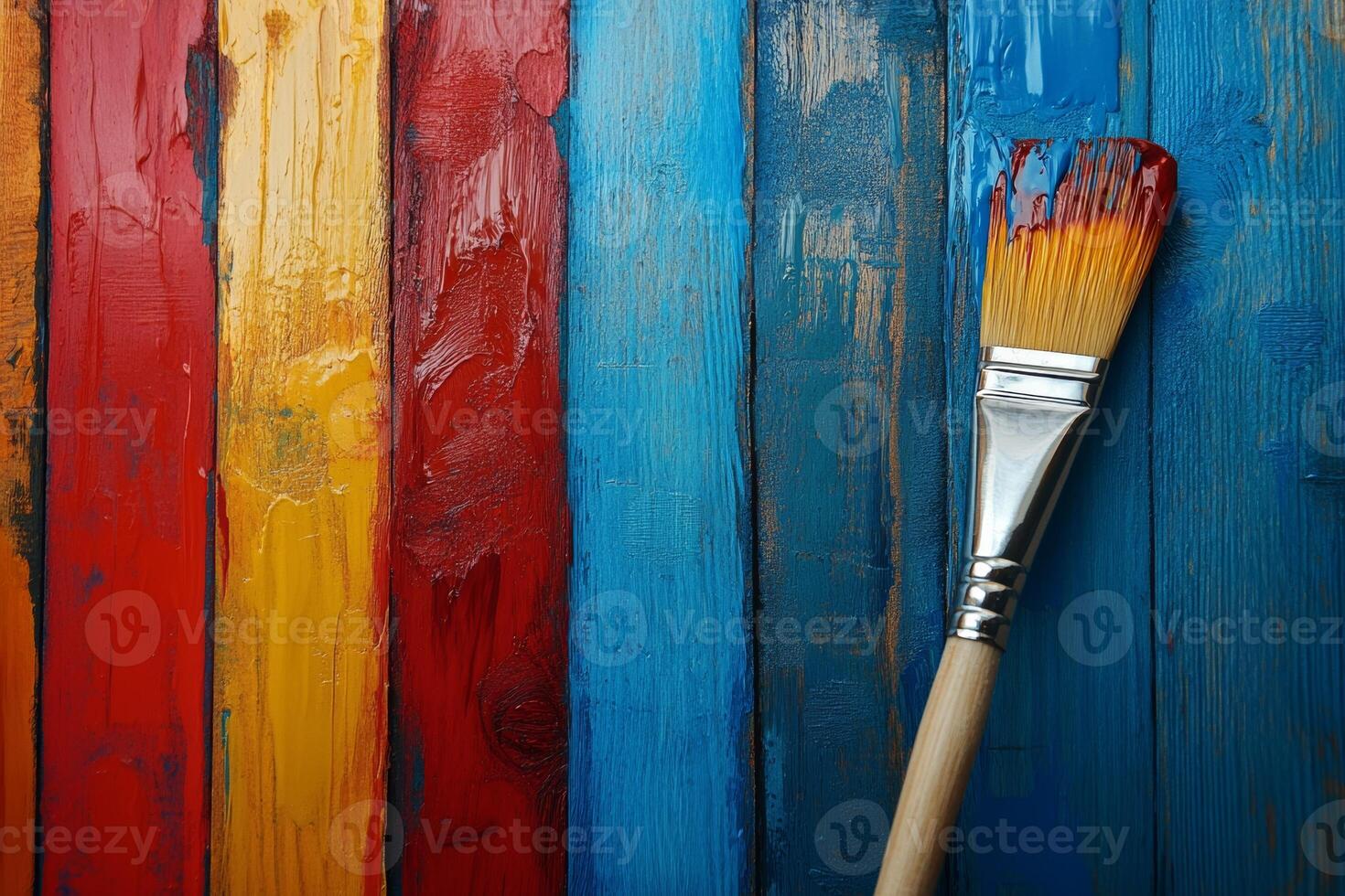 Applying fresh varnish to vibrant wooden panels with a brush, enhancing color and shine in a creative workshop setting photo