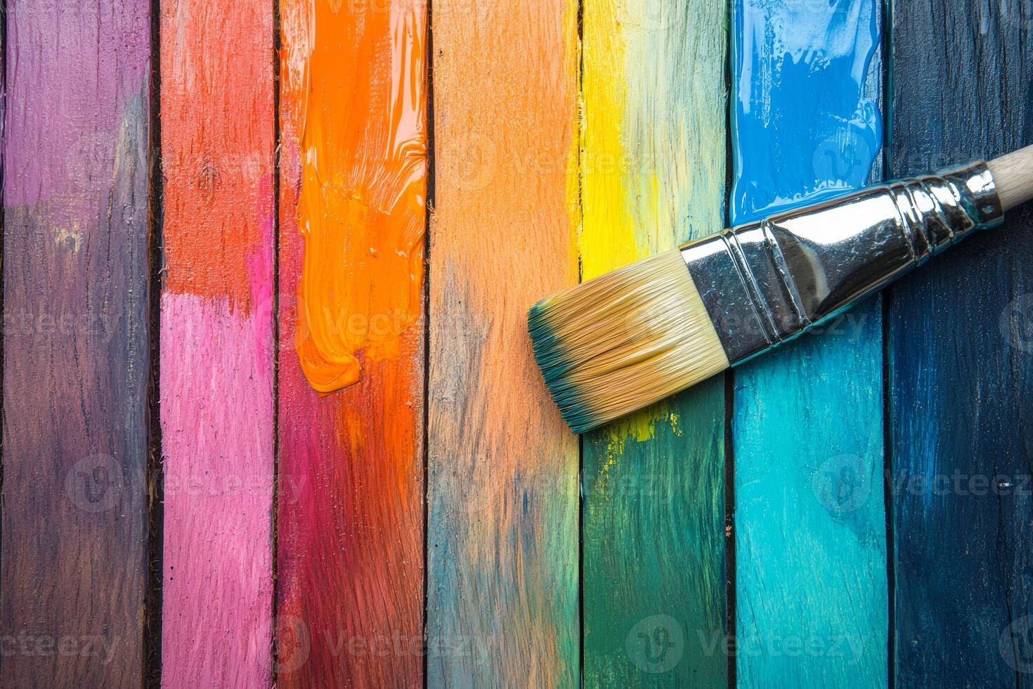 Applying fresh varnish to new wooden panels with a paintbrush, enhancing color and shine in a vibrant workspace photo