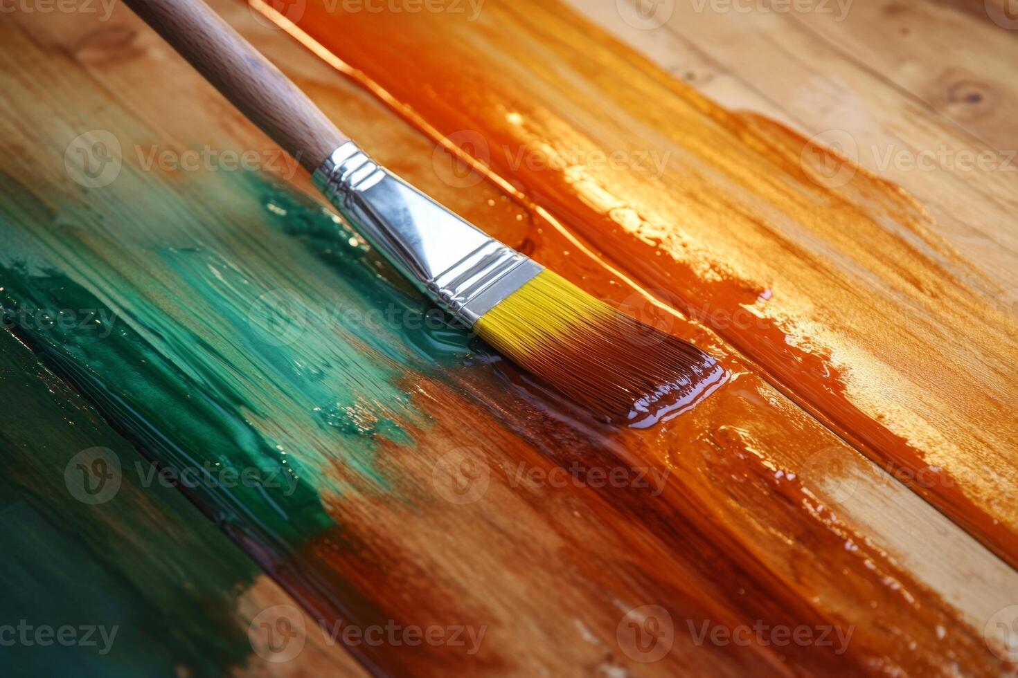 Applying fresh varnish to new wooden panels, enhancing color and shine in a well-lit workspace photo