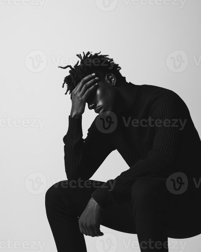 A man sits in isolation with his head in his hands, expressing deep contemplation against a light gray monochrome background photo