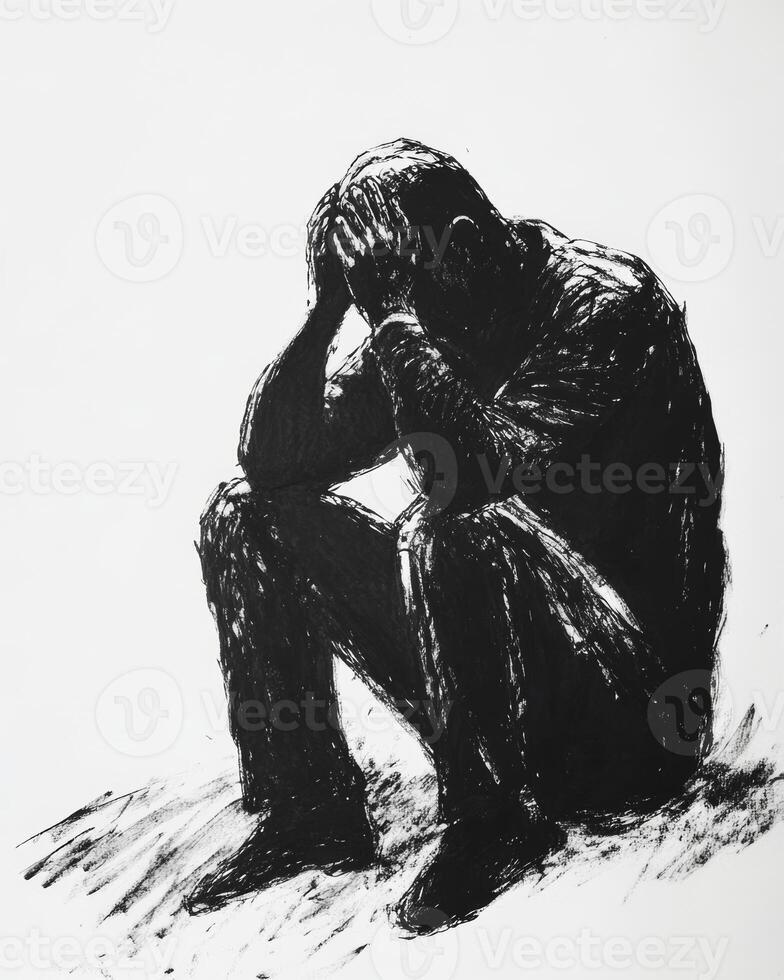 A man sits alone in despair, resting his head in his hands against a monochrome, light gray background, expressing feelings of isolation and sadness photo