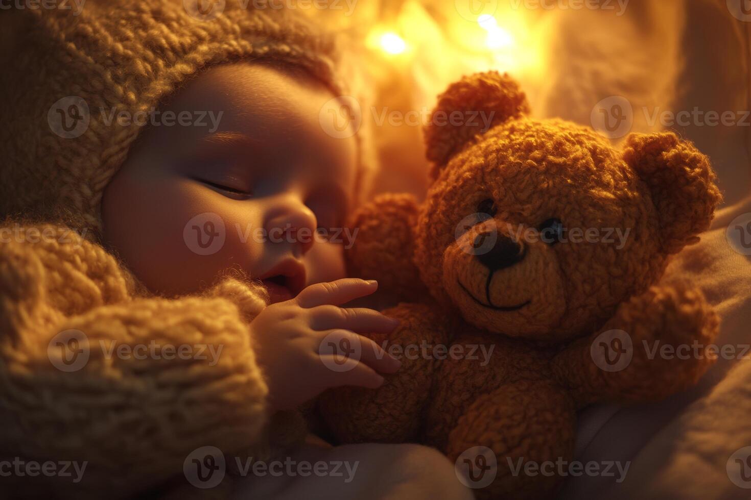 A baby's tiny hand gently touches a soft plush toy in warm ambient light, capturing a tender moment of connection and comfort photo