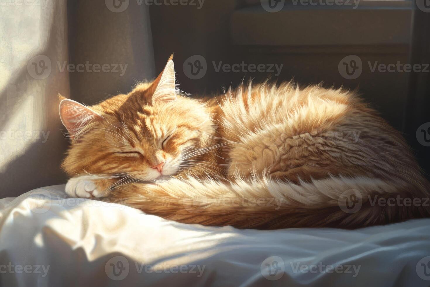 A fluffy cat peacefully curled up in a sunlit spot, enjoying a warm afternoon nap on soft fabric photo