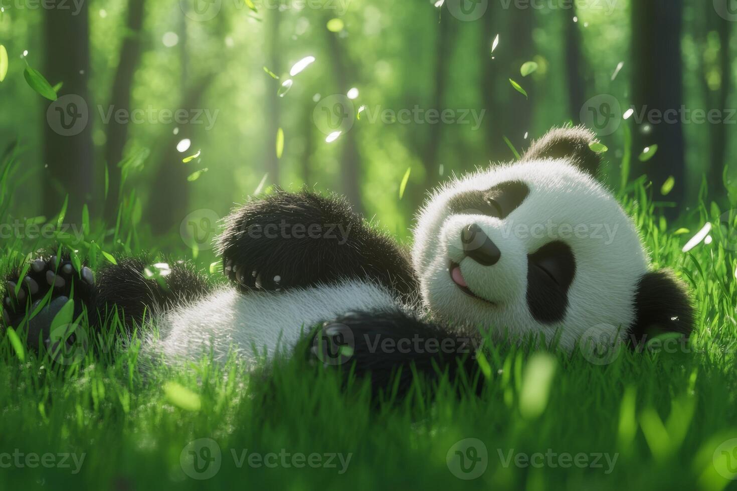 A fluffy panda joyfully rolling in lush green grass beneath soft natural light in a serene forest setting photo