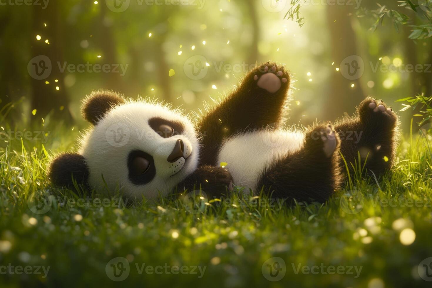 A fluffy panda playfully rolls in lush green grass under soft natural light during a serene afternoon in the forest photo