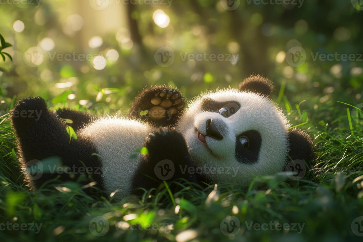A fluffy panda playfully rolling in lush green grass under soft natural light on a sunny day photo