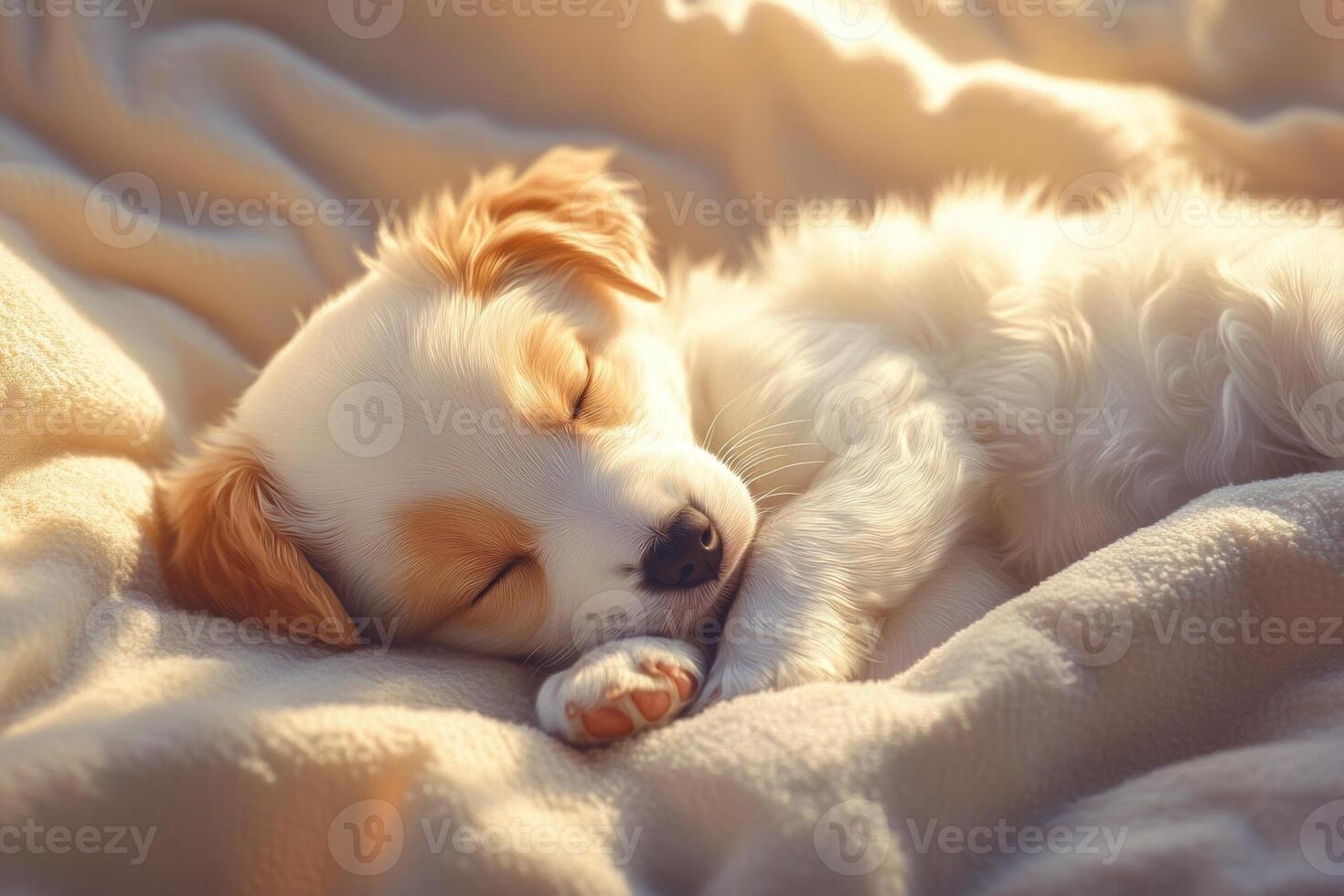 A fluffy puppy sleeping peacefully on a light-colored blanket in warm, gentle light during a serene moment photo