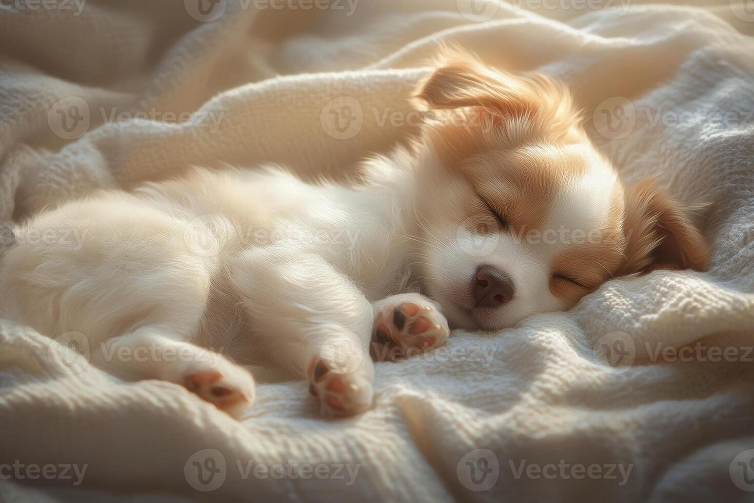 A fluffy puppy sleeping peacefully on a soft blanket in warm light during a serene afternoon photo