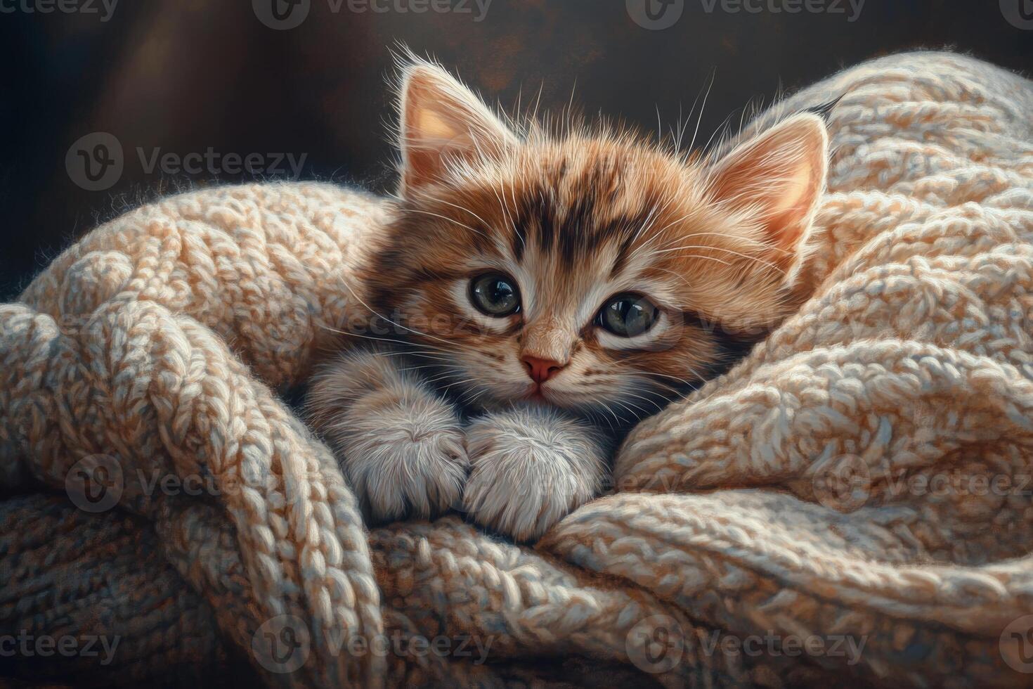 A cozy kitten snuggles on a soft knitted cushion, basking in warm natural light with gentle shadows photo