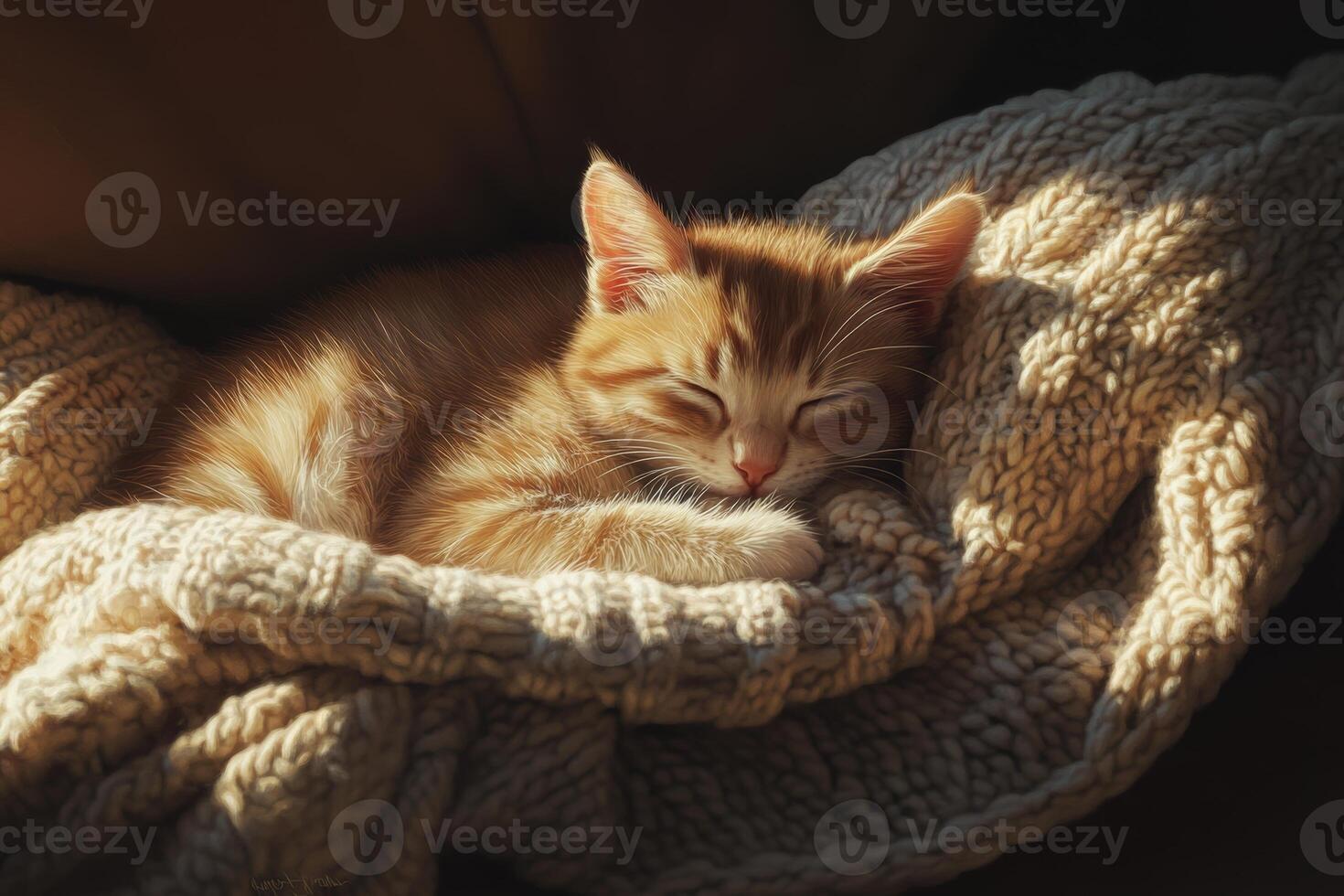 A sleepy kitten nestled on a soft, knitted cushion in warm natural light during a tranquil afternoon photo