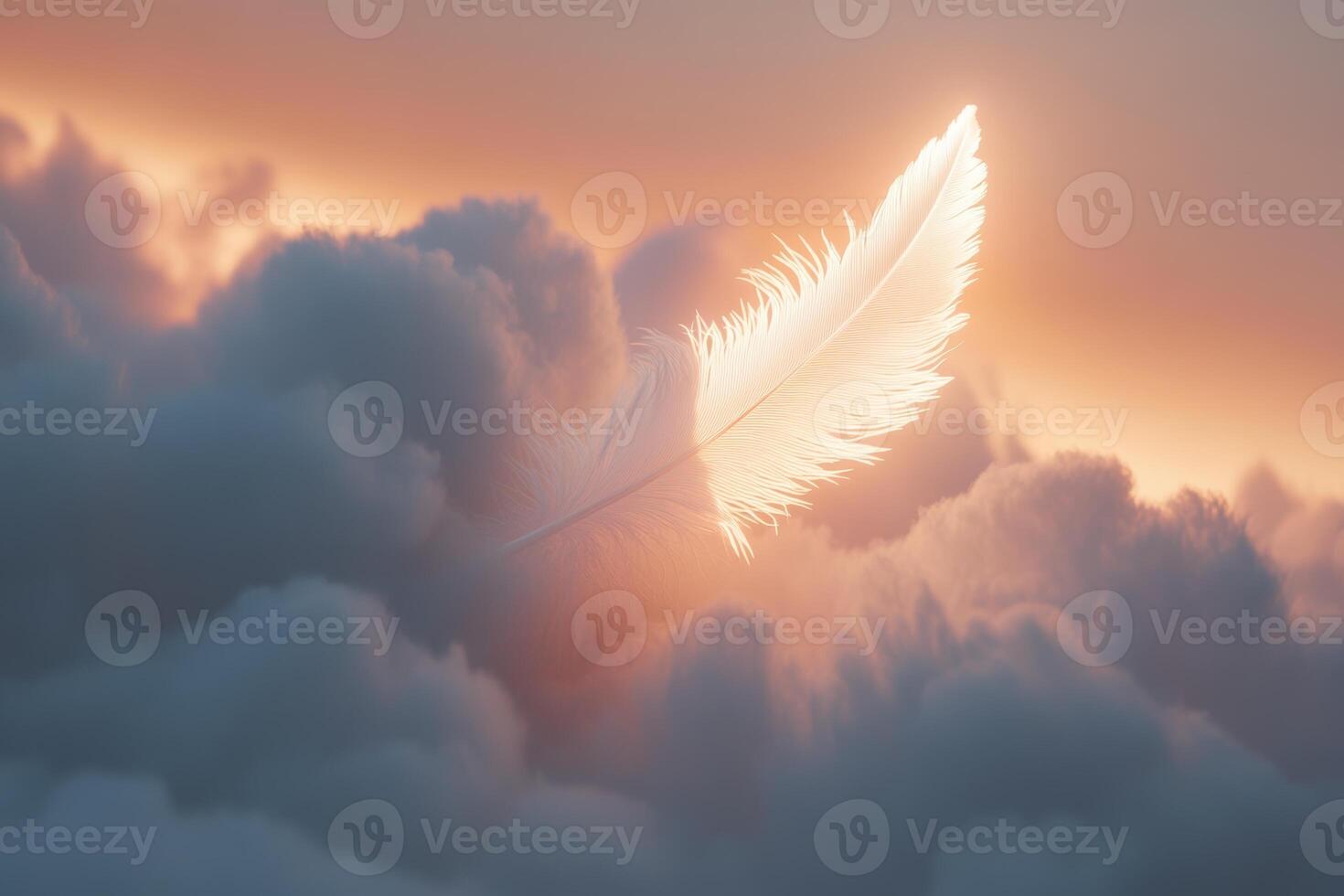 A delicate feather slowly descends through soft clouds under gentle, diffused light at twilight photo