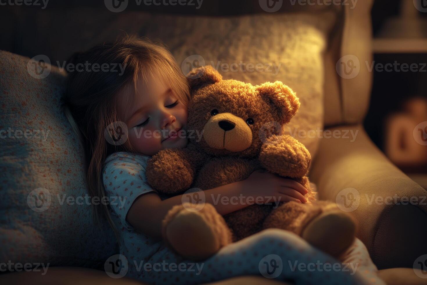 Little girl hugging a soft teddy bear while seated in a cozy armchair surrounded by warm, inviting lighting photo